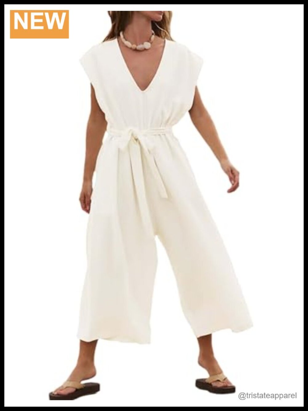 Women Sleeveless Wide Leg Jumpsuit V-Neck Belted Pockets